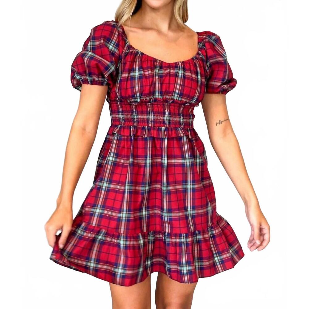 phoebe check puff sleeve mini dress in red multi tartan holiday Christmas M - Picture 1 of 10